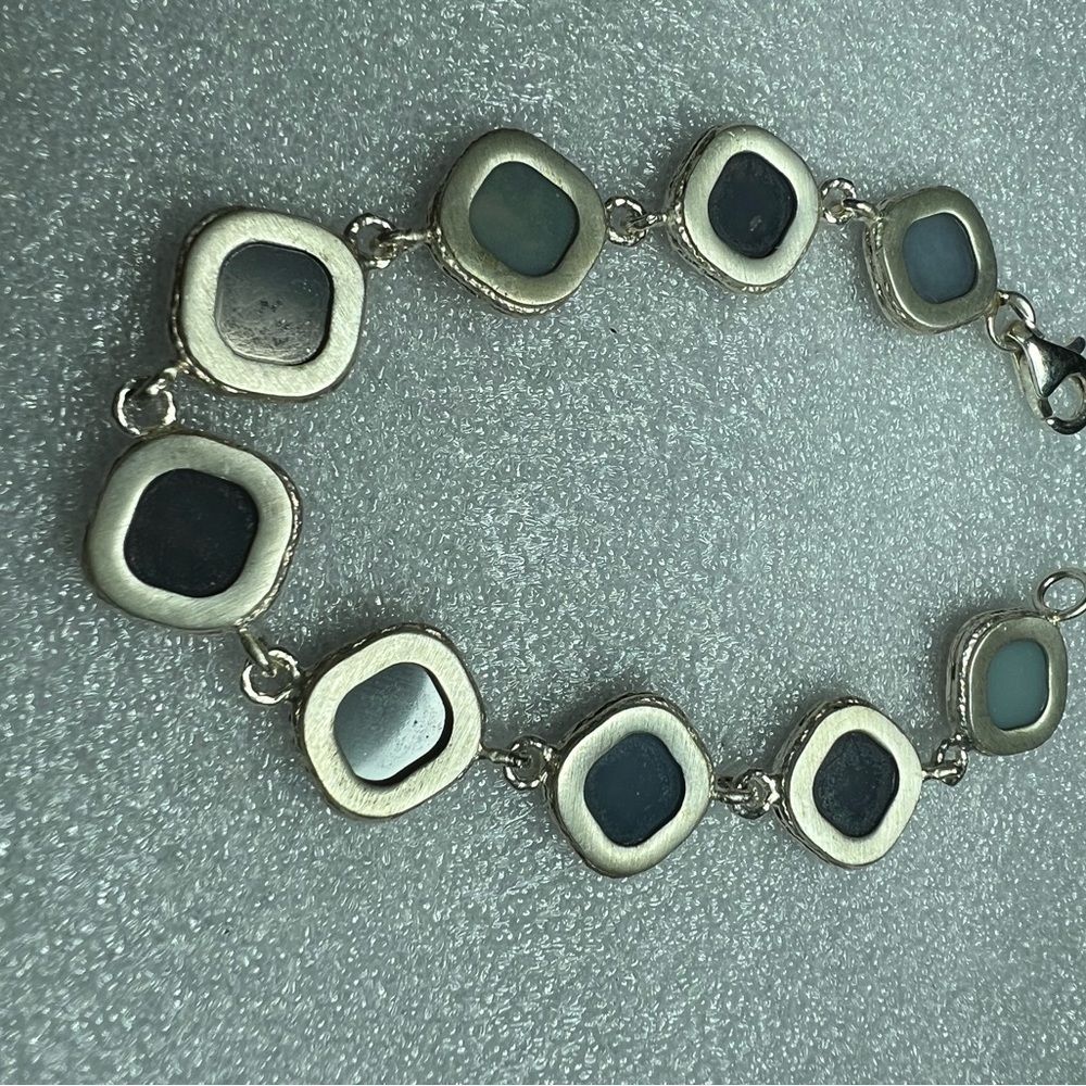 Vintage Milor Sterling Silver Cushion Shaped Gold Druzy Link Bracelet - Picture 4 of 7